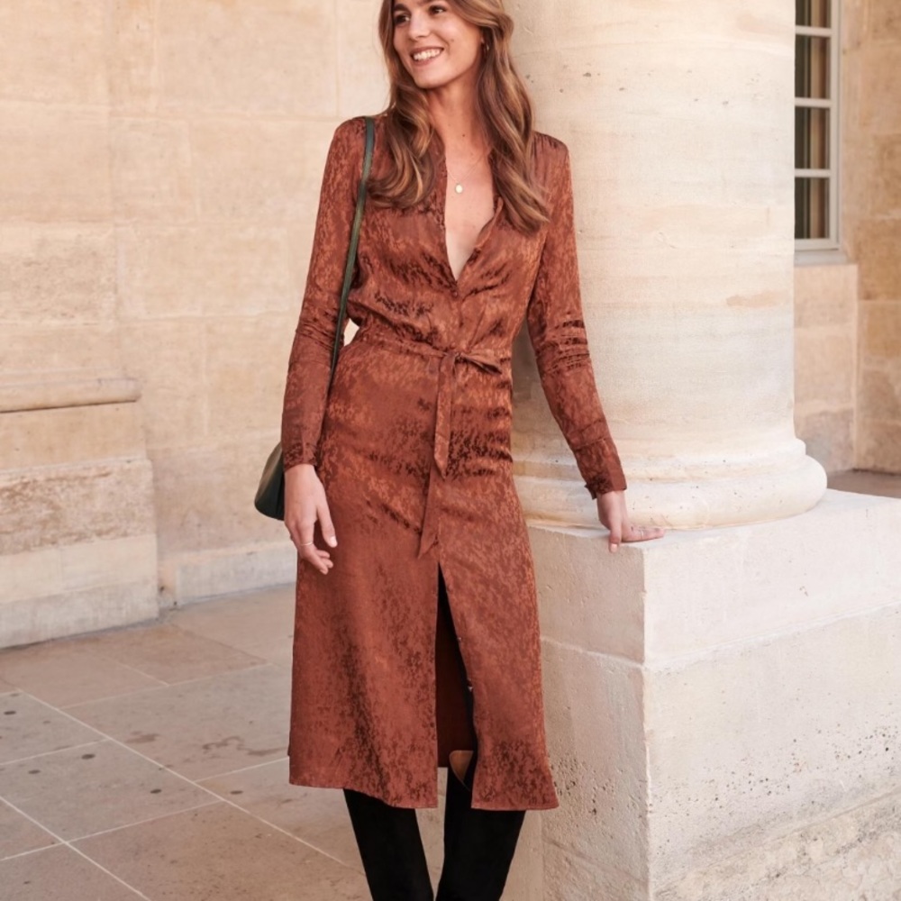 Sezane Silky Bronze Midi Dress NWT